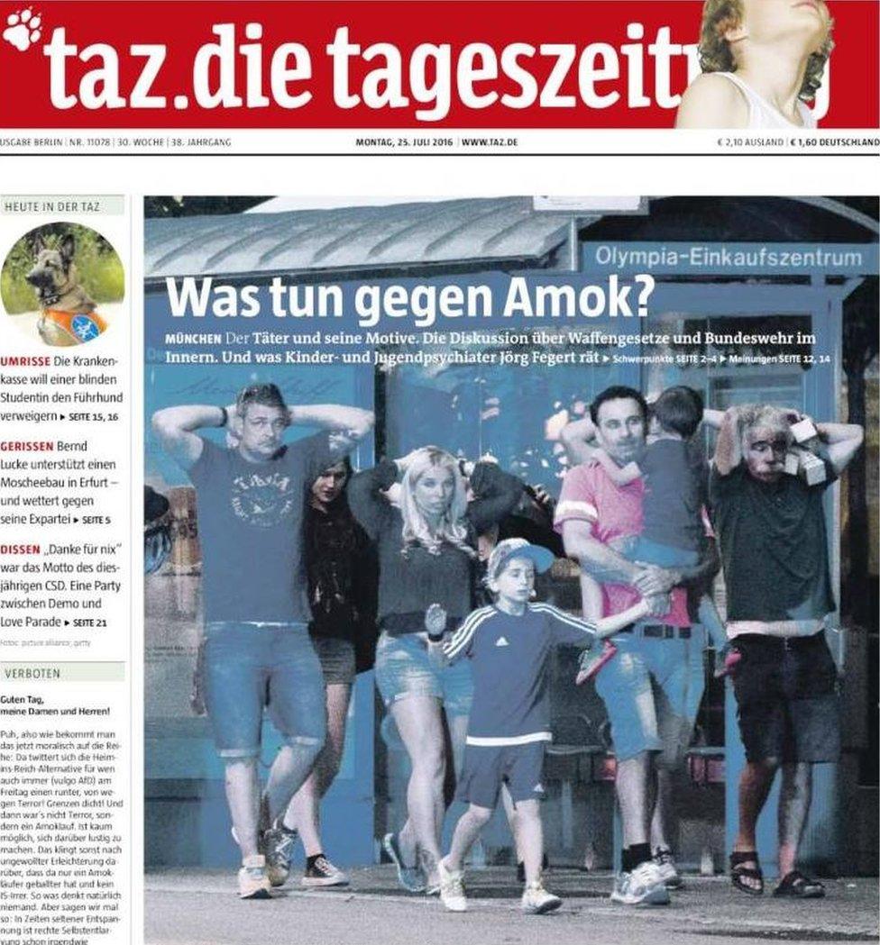 The frontpage of the German newspaper Tageszeitung reports on the 22 July shooting attack in Munich