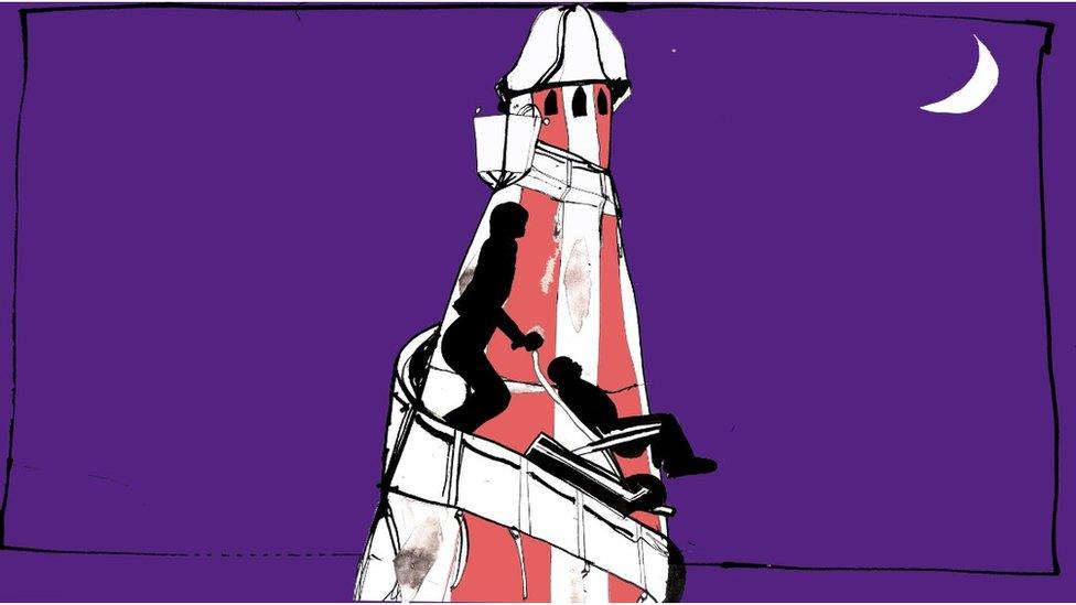 Illustration of an evacuation chair being taken down a helter skelter