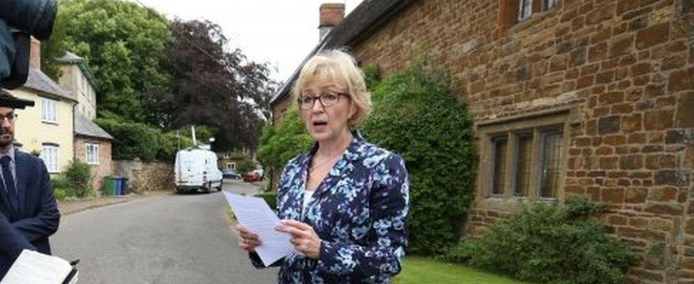 Andrea Leadsom giving a statement outside her house