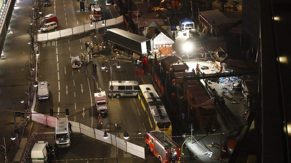 Authorities inspecting a truck that had sped into a Christmas market in Berlin on 19 December 2016