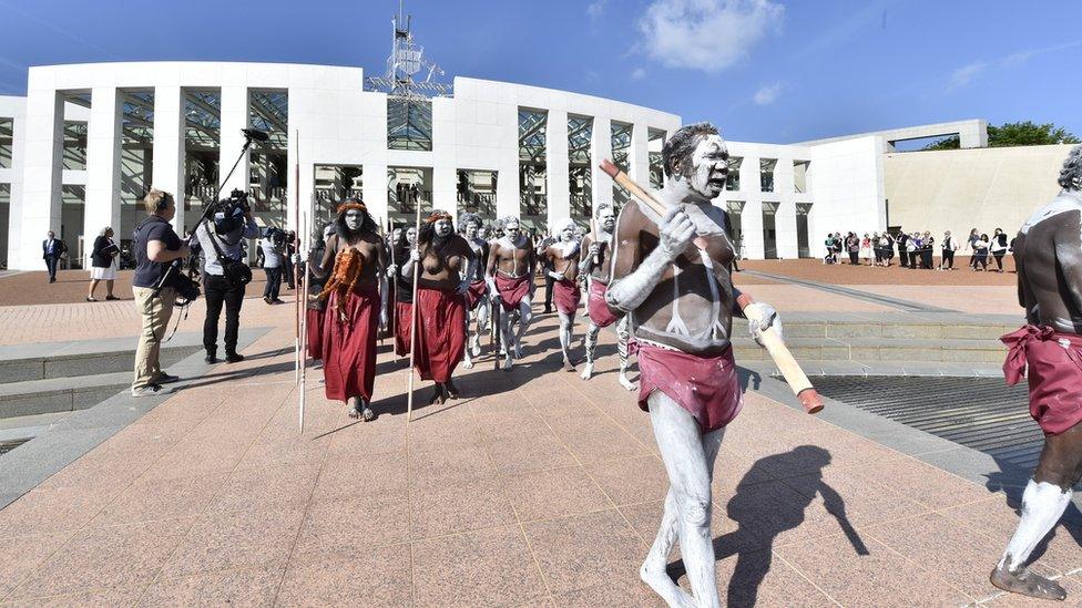 The dancers outside the Australian parliament