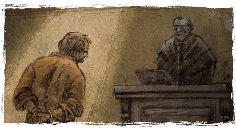 Illustration depicts Tabata's abuser being sentenced in court