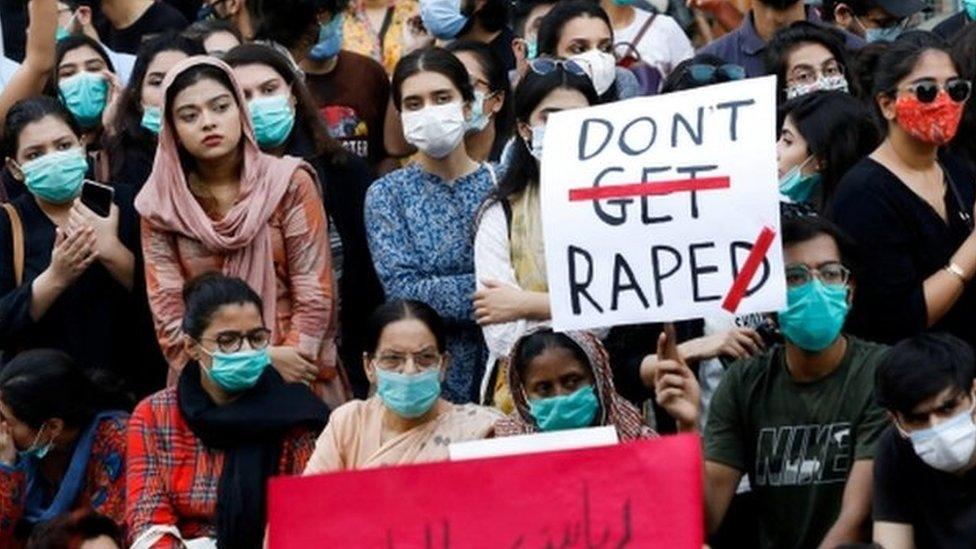 Women protest against sexual violence in Karachi, October 2020