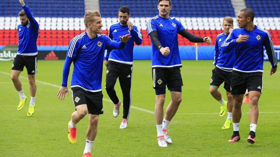 Northern Ireland players training ahead of their Group C match with Germany at the Parc Des Princes stadium