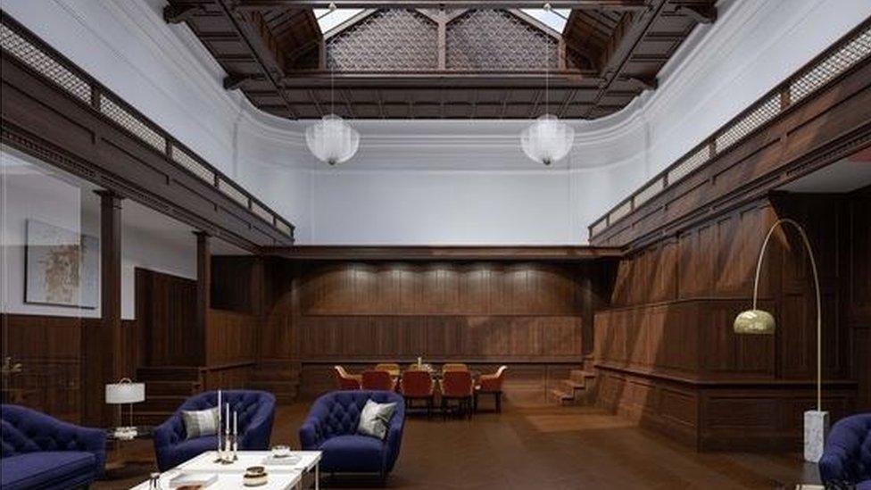 An artist's impression of how a former courtroom in the restored Sheffield Old Town Hall could look