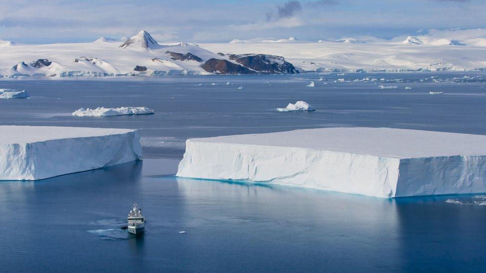 The scientific research vessel M/V Alucia in Antarctica.