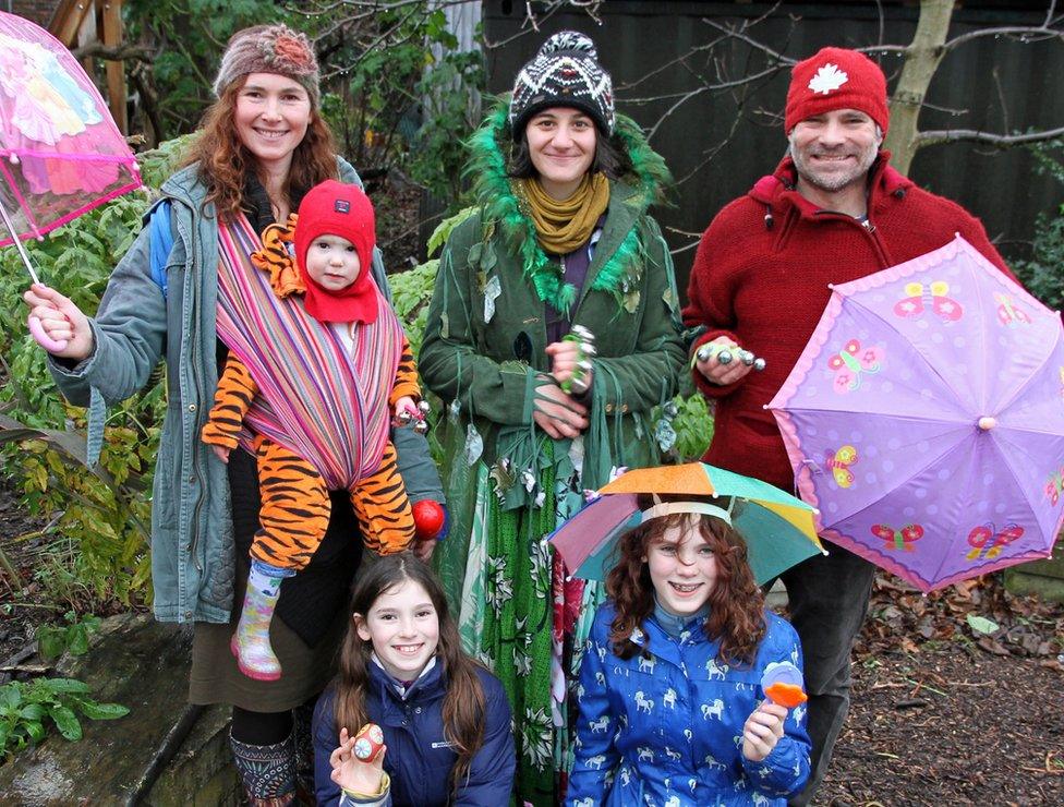 Kath Rosen with her family and Brockwell Park's wassail leader, Ella Hashemi