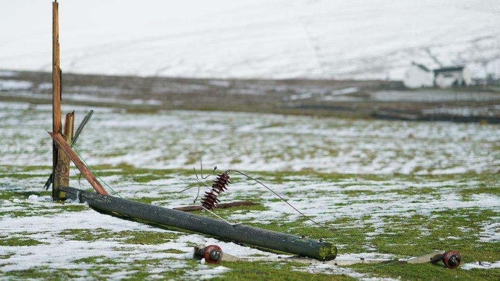 Damaged power lines can be seen in a remote area of Teesdale on December 05, 2021 in Durham, England. Several thousand people in the North East remain without power more than a week after Storm Arwen battered parts of England and Scotland.