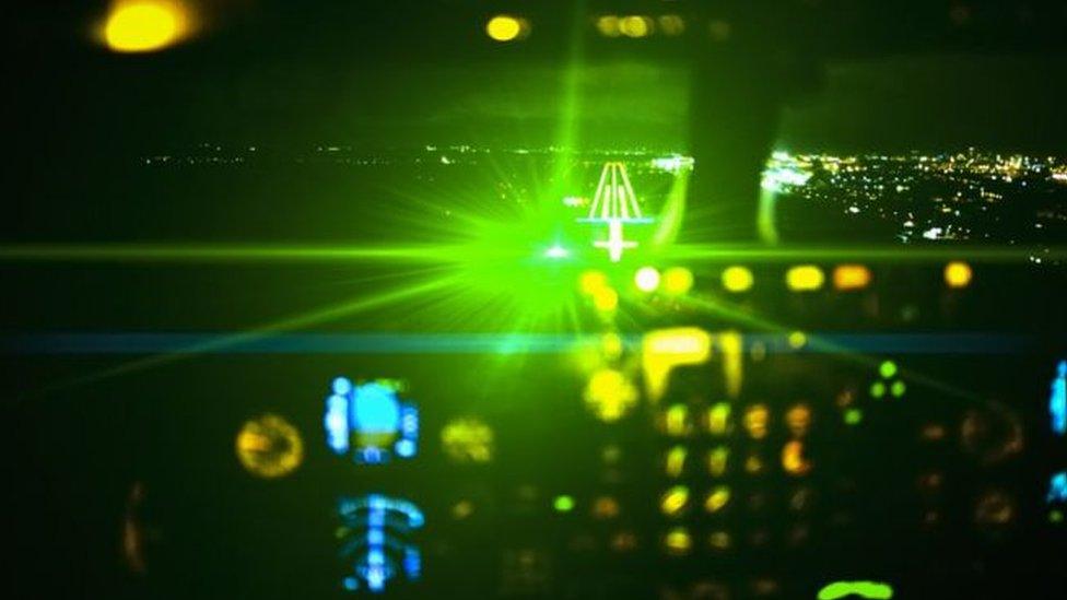 A laser being shined at a plane