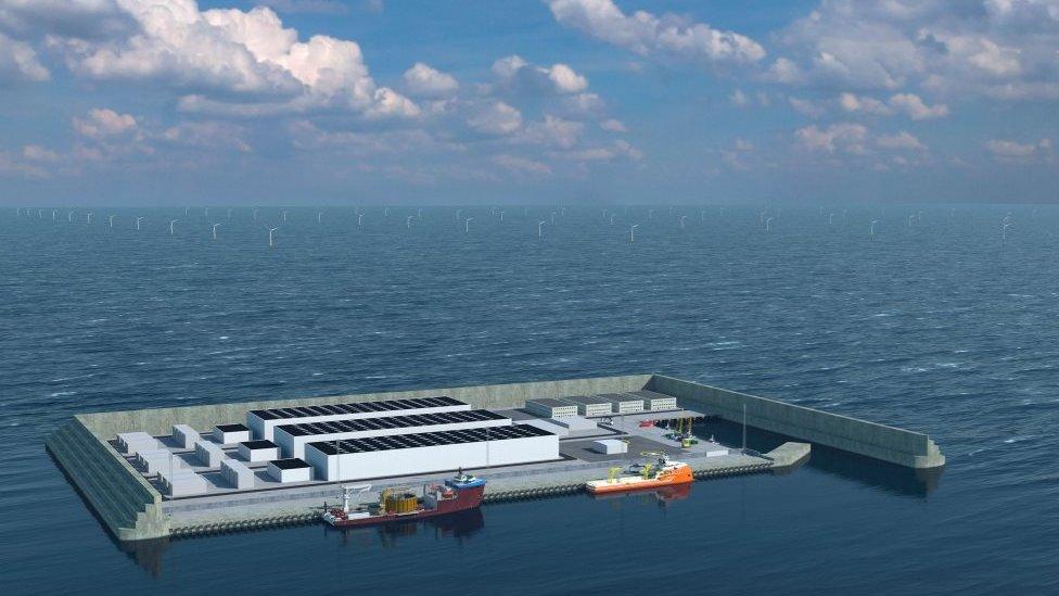 Illustration of the world's first energy island with rows of turbines in the sea