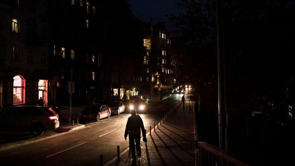 Kyiv city centre in partial darkness , 1 November 2022