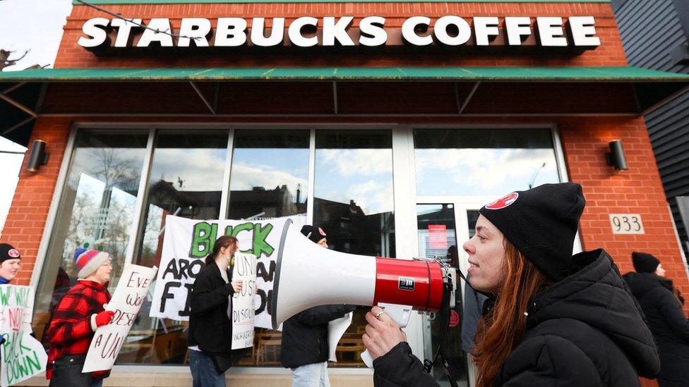 Starbucks workers attend a rally as they go on a one-day strike outside a store in Buffalo, New York, U.S., November 17, 2022.