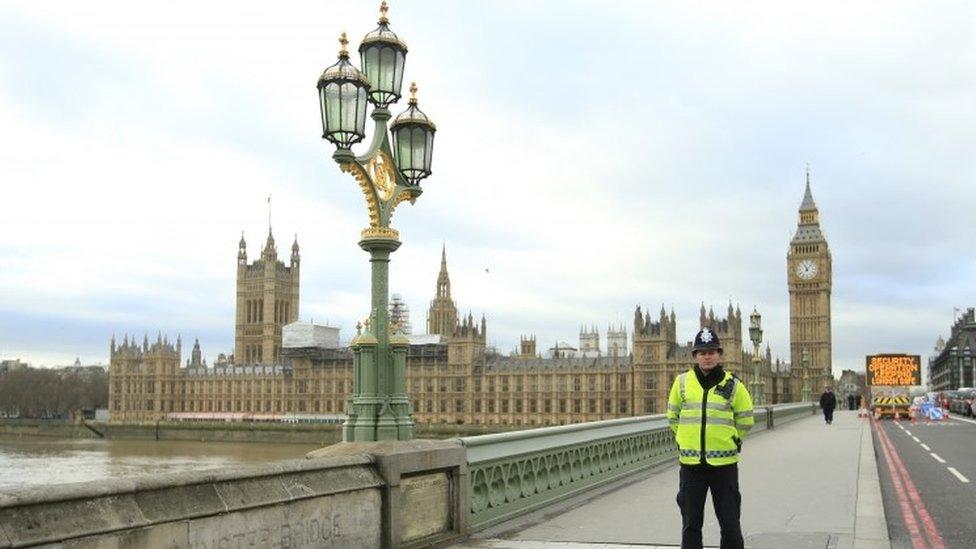 A police security point is set up on Westminster Bridge in front of in the Palace of Westminster