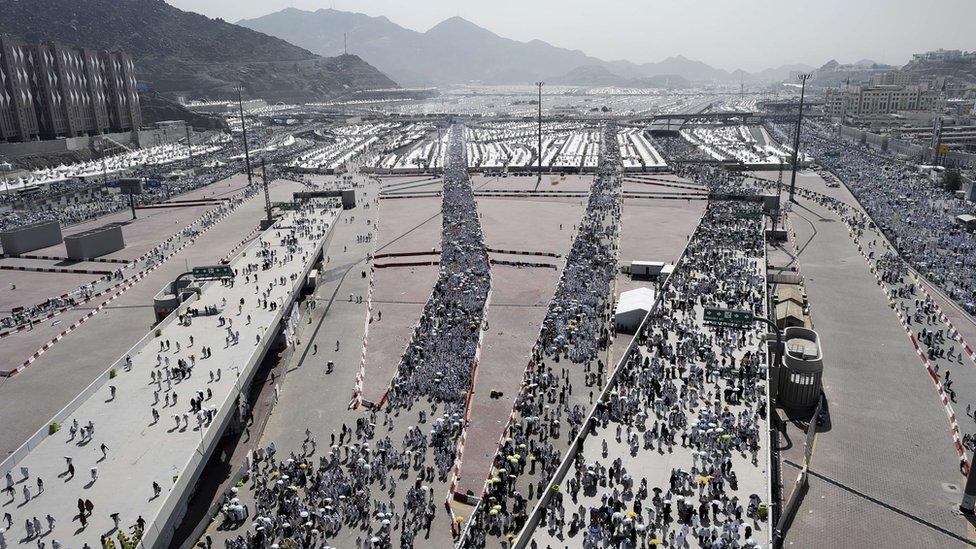 Pilgrims travel to Mina during the Hajj to throw seven stones at pillars called Jamarat