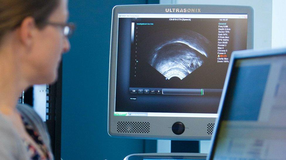 Professor Claire Nance uses an ultrasound machine to assess how tongues move to form different speech sounds