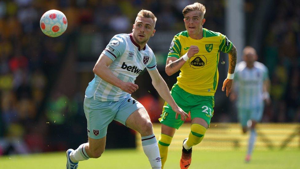 West Ham United"s Jarrod Bowen (left) and Norwich City"s Brandon Williams in action during the Premier League match at Carrow Road, Norwich