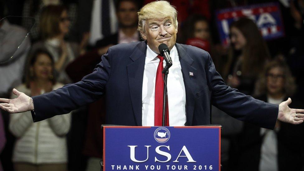 President-elect Donald Trump acknowledges the crowd after speaking at US Bank Arena on December 1, 2016 in Cincinnati, Ohio