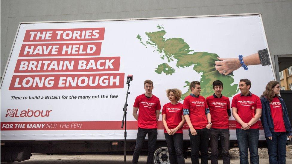 Labour party activists wait next to Labour's 2017 election campaign poster