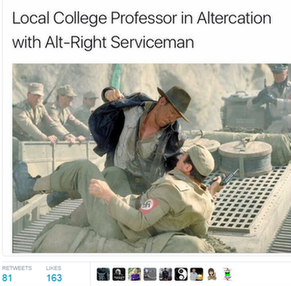 tweet showing Indiana Jones fighting a Nazi. Caption: "Local college professor in confrontation with alt-right serviceman."