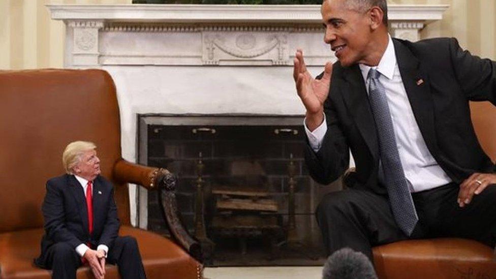 Doctored image showing Trump as so tiny his feet dangle from his chair, listening to a regular-sized Barack Obama