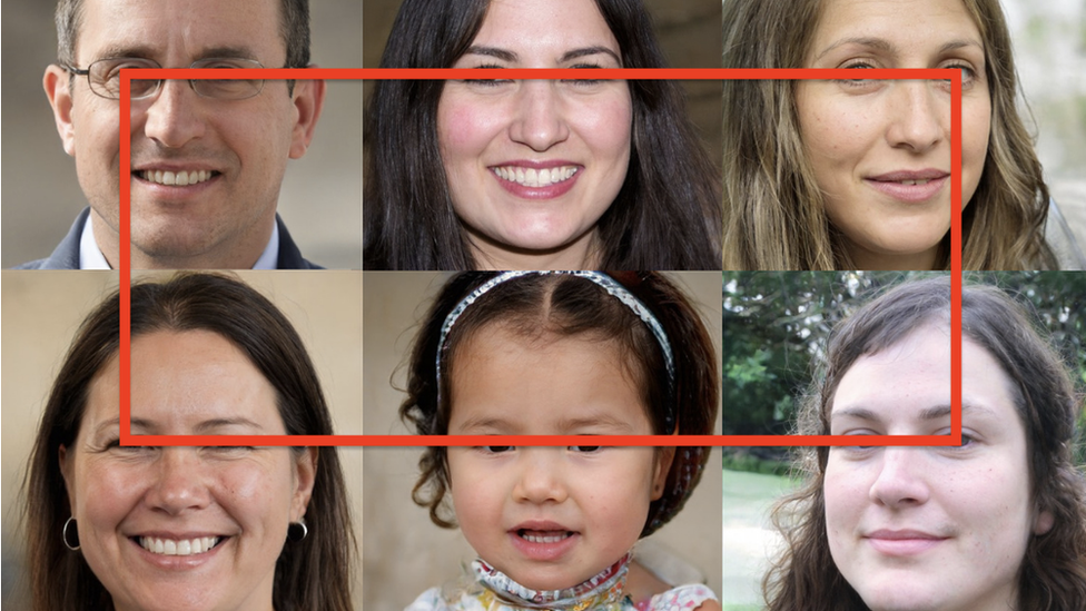 A collection of images of 6 people with a line joining all of their eyes to show how they are all perfectly in line.