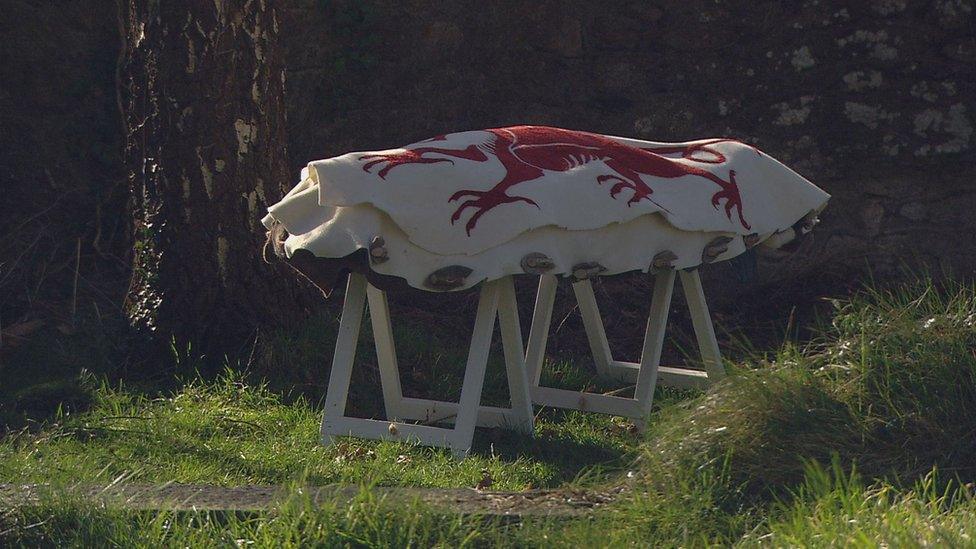 An organic Welsh burial cocoon featuring a dragon