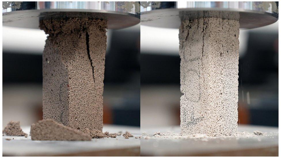 Crush test. Wet RAAC on the left breaks up much easier than a dry sample