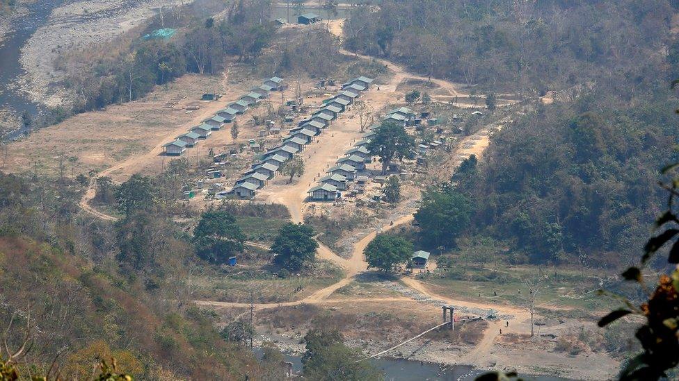 A general view of a camp of the Myanmar ethnic rebel group Chin National Front is seen on the Myanmar side of the India-Myanmar border close to the Indian village of Farkawn