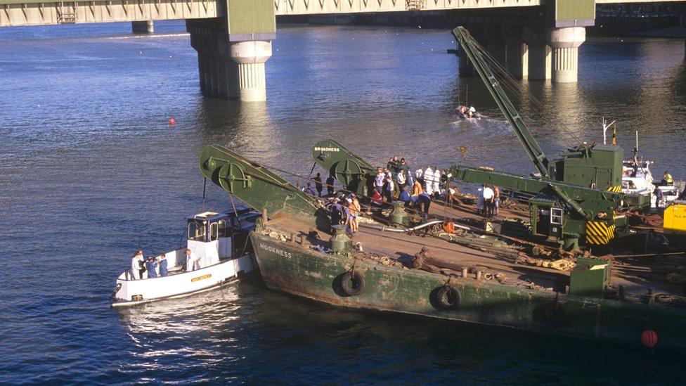 The Marchioness is raised from the River Thames on 21 August 1989, the day after it sank