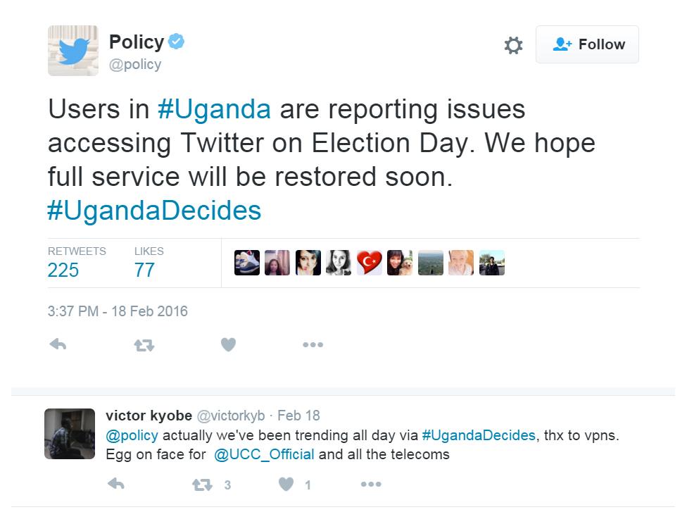 "Users in#Uganda are reporting issues accessing Twitter on Election Day. We hope full service will be restored soon. #UgandaDecides"