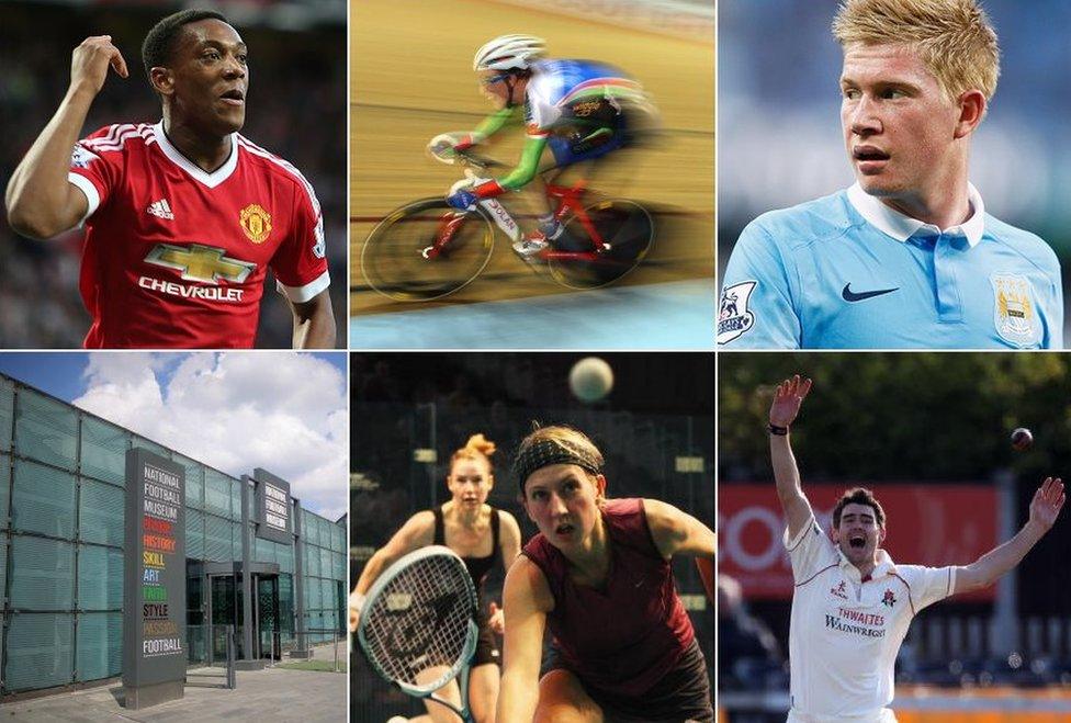 Collage of Manchester sports clubs including Manchester United, Manchester City, velodrome, squash centre, cricket, Football museum