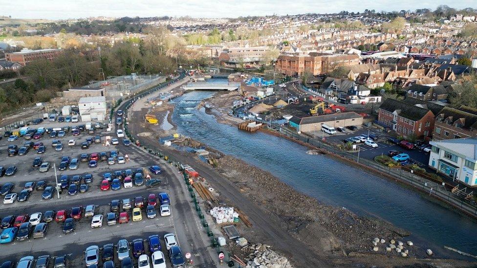 A birds-eye view of the river and construction work going past Salisbury's central car park