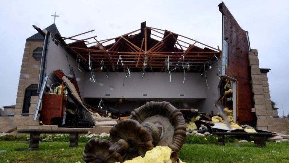 Damage to the First Baptist Church of Rockport after Hurricane Harvey hit (26 August 2017)