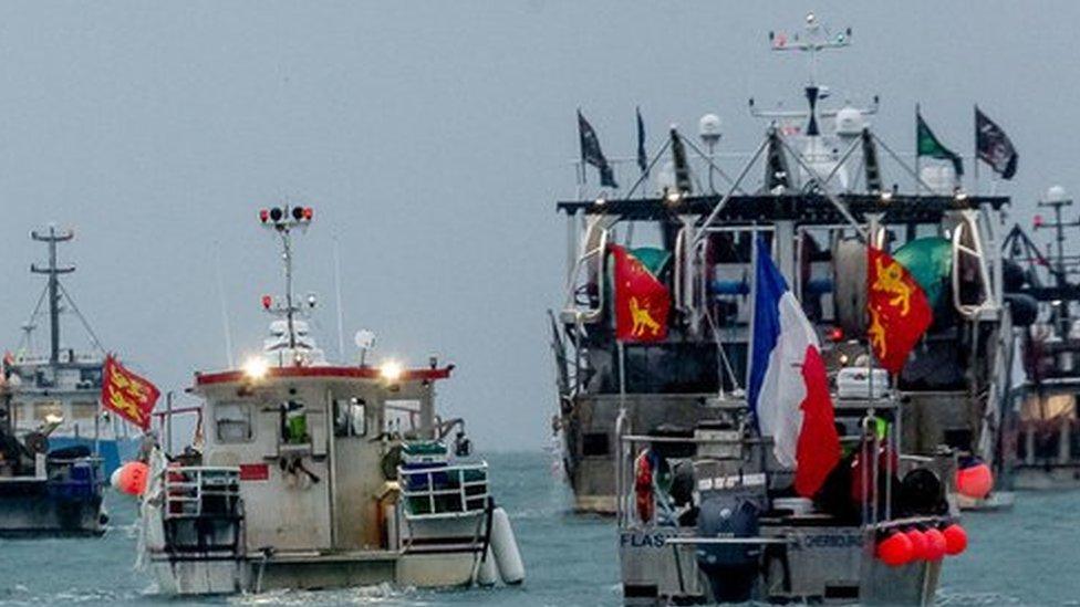 French fishing vessels staging a protest outside the harbour at St Helier, Jersey, Channel Islands, in May