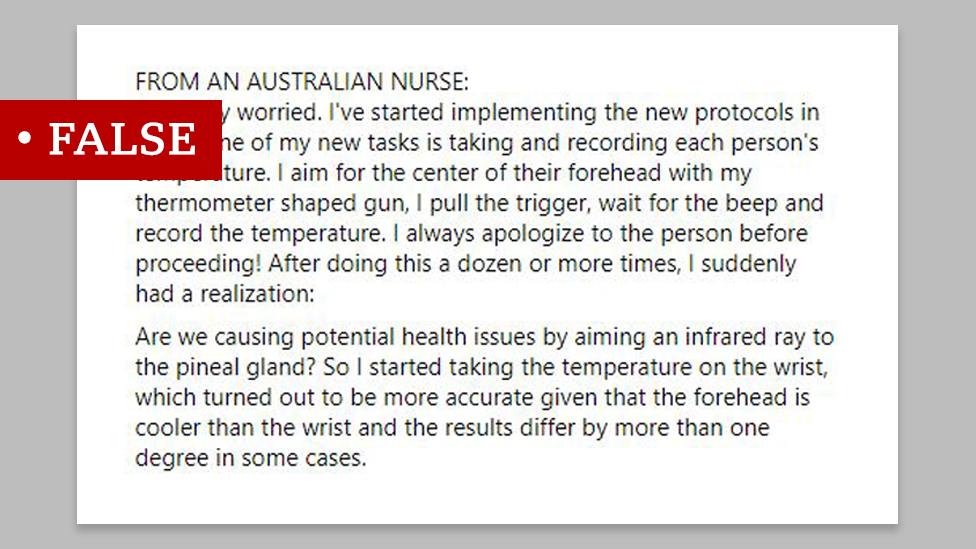 Screenshot of a message from an unnamed "Australian nurse" we labelled "false". The message claims "Are we causing potential health issues by aiming an infrared gun at the pineal gland."