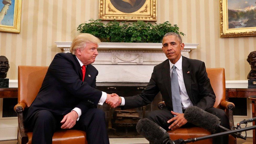 President Barack Obama and President-elect Donald Trump shake hands following their meeting in the Oval Office of the White House in Washington, Thursday, Nov. 10, 2016.