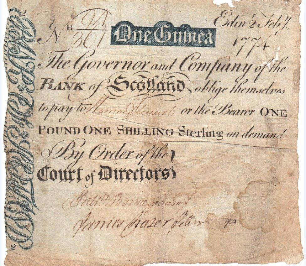 The first note with two colours from 1774 – a Bank of Scotland 1 Guinea