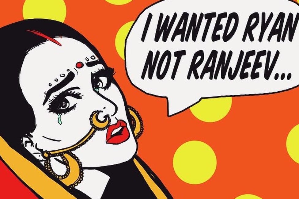 Art by Maria Qamar with woman in traditional Indian jewellery accessories saying 'I wanted Ryan not Ranjeev