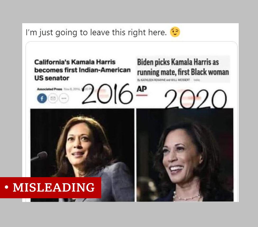 Screenshot of a meme compares Associated Press (AP) news agency headlines from 2016, when Kamala Harris became the first US senator of Indian heritage, with a headline after she was named as America's first black female presidential running mate. We labelled it "misleading"