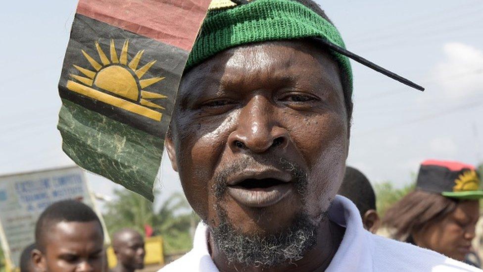 A pro-Biafra supporter takes part in a protest in Aba, southeastern Nigeria, to call for the release of a key activist on November 18, 2015.