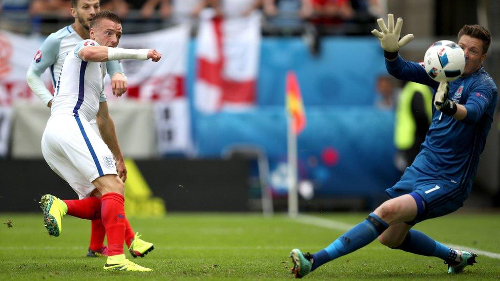 Vardy scoring in England's 2-1 win over Wales at Euro 2016