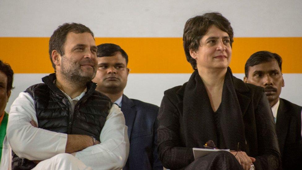 Rahul Gandhi, leader of Indian National Congress, speaks to his sister Priyanka Gandhi, general secretary of the Indian National Congress during electioneering on February 5, 2020 in Delhi, India.