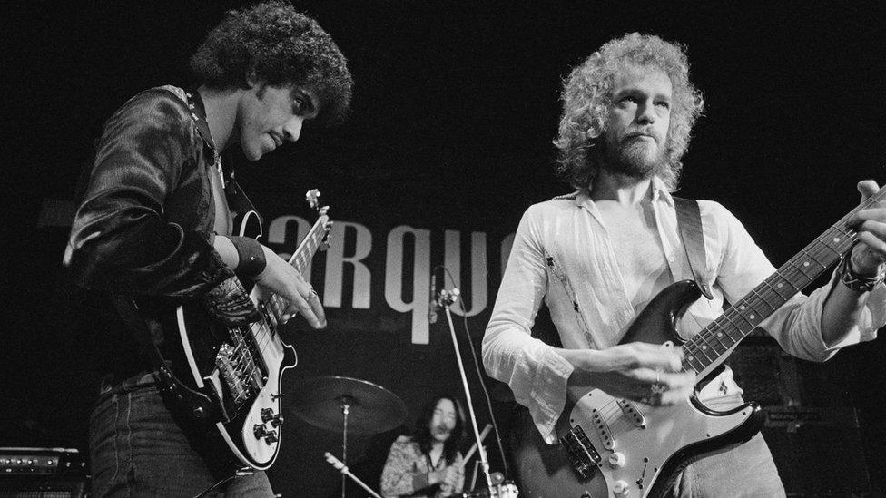 Eric Bell playing with Phil Lynott in Thin Lizzy in 1973