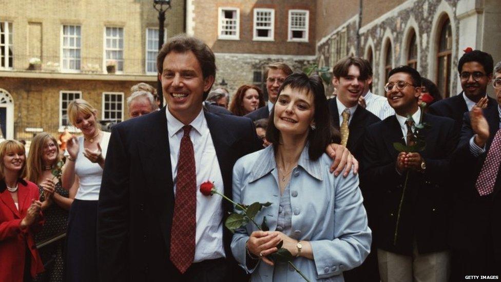 Tony Blair and his wife Cherie on the day he was elected leader