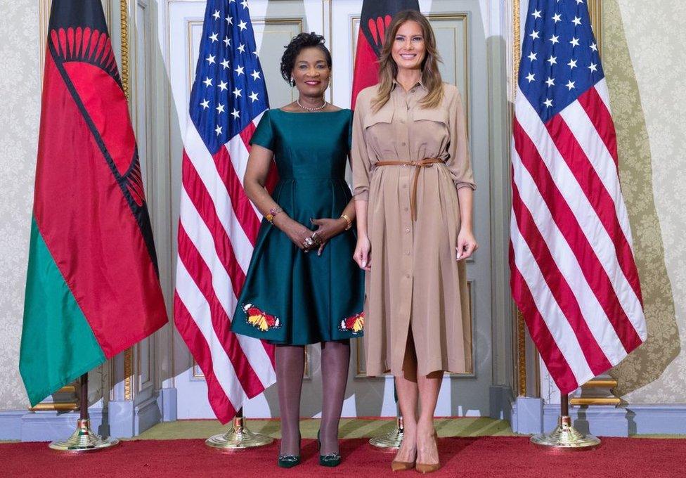 US First Lady Melania Trump and the First Lady of Malawi Gertrude Maseko pose for a photograph at the State House in Lilongwe, on October 4, 2018, as she pays a one day visit to the country as part of her solo tour of Africa promoting her children's welfare programme.