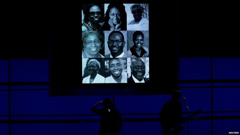 The victims of the Charleston church shooting (shown on screen) are memorialized during the 2015 BET Awards in Los Angeles, California, June 28, 2015