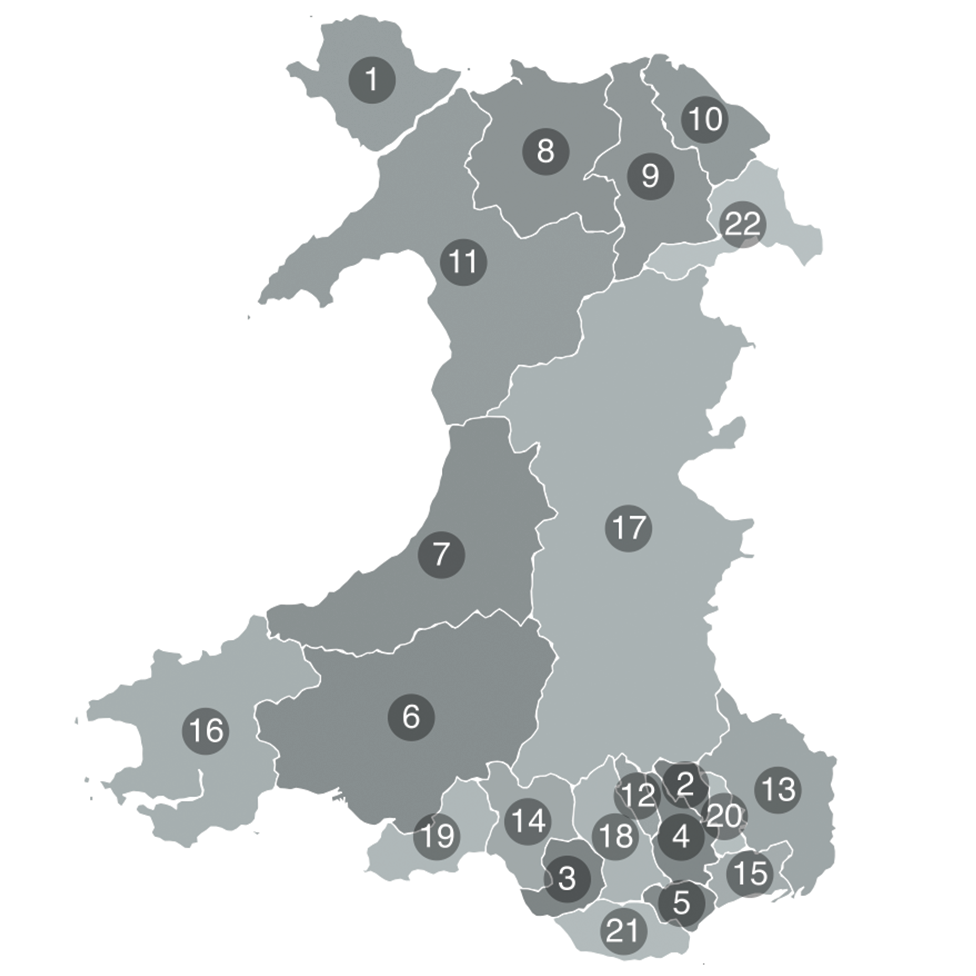 Map of Wales showing the 22 county and county borough councils