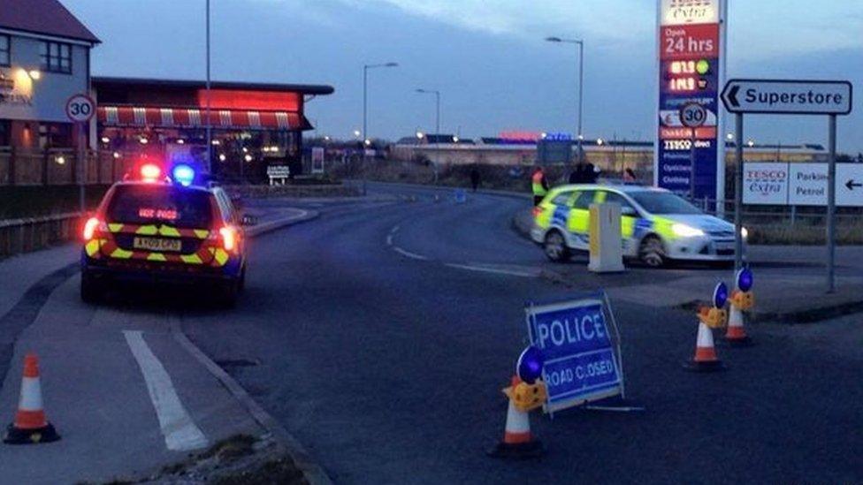 Police road closure at Tesco Extra in Great Yarmouth