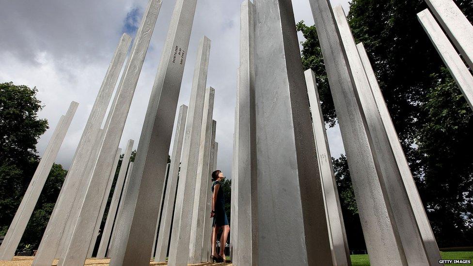 The permanent 7 July Memorial to honour the victims of the July 7th 2005 London bombings (also known as the 7/7 bombings), in Hyde park on July 6, 2009 in London, England