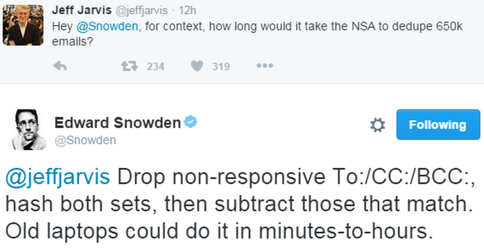 A tweet reads: "Hey @Snowden, for context, how long would it take the NSA to dedupe 650k emails?" Snowden replies: "@jeffjarvis Drop non-responsive To:/CC:/BCC:, hash both sets, then subtract those that match. Old laptops could do it in minutes-to-hours."